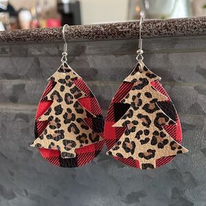 LEOPARD PRINT Christmas Tree and Buffalo Plaid Tear Drop Earrings